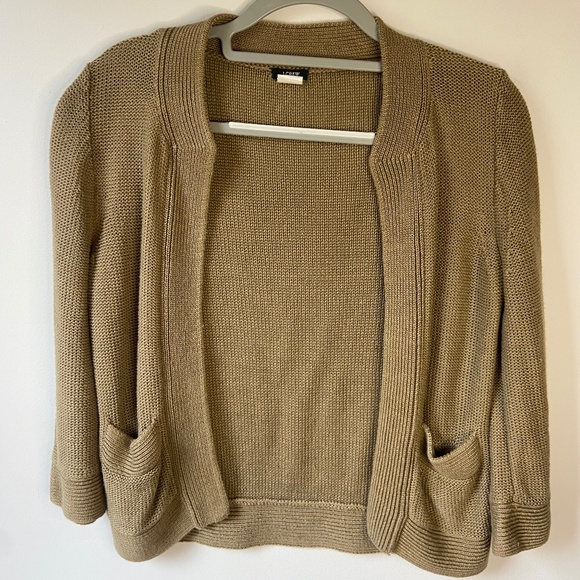 100% Linen Khaki Open Cropped Sweater Cardigan Long Sleeve Beach Cardigan - Picture 1 of 4